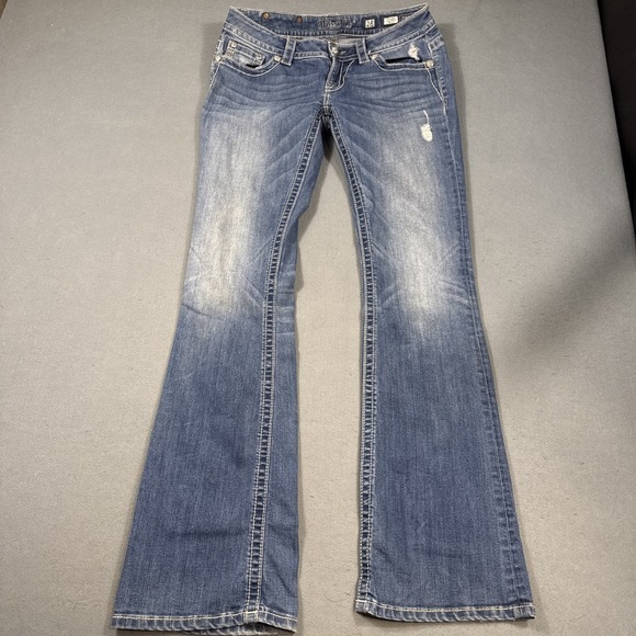 Miss Me Boot Womens 28 Embellished Fleur De Lis  Jeans THICK STITCH WHISKERING - Picture 4 of 10